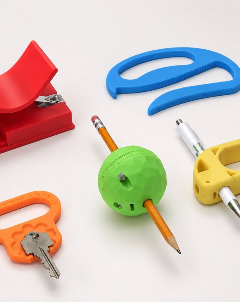 Colorful 3D-printed assistive tools including a bottle opener, safety knife, key turner, and pen and pencil grips